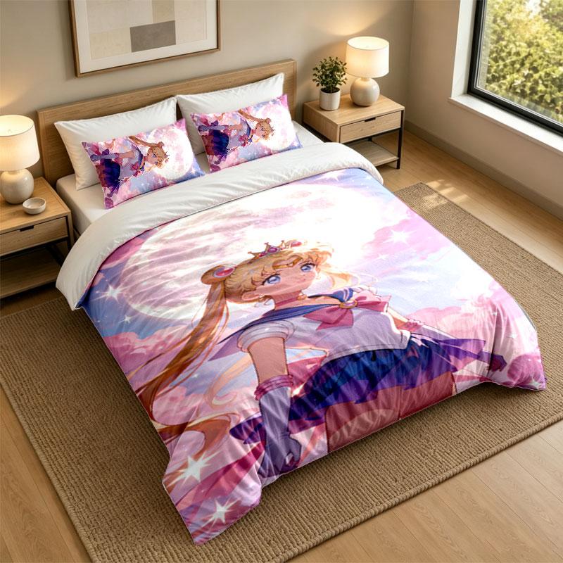 3Pcs Bedding SetSailor Moon Soft Bed Sheet and Two Pillowcases Home Bedroom Decor