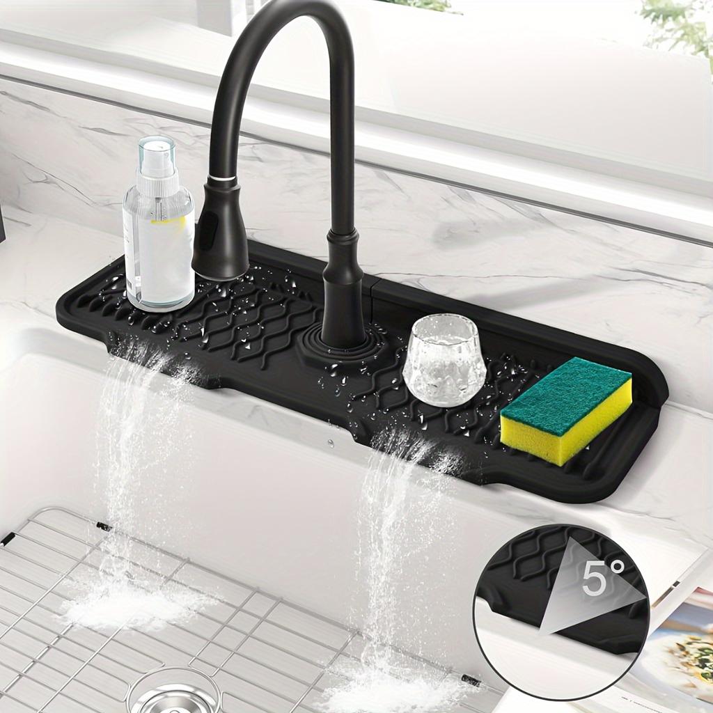 1 Piece Black Silicone Sink Splash Guard and Faucet Mat with Integrated Soap Dispenser and Sponge Holder - Space Saving, Textured Surface