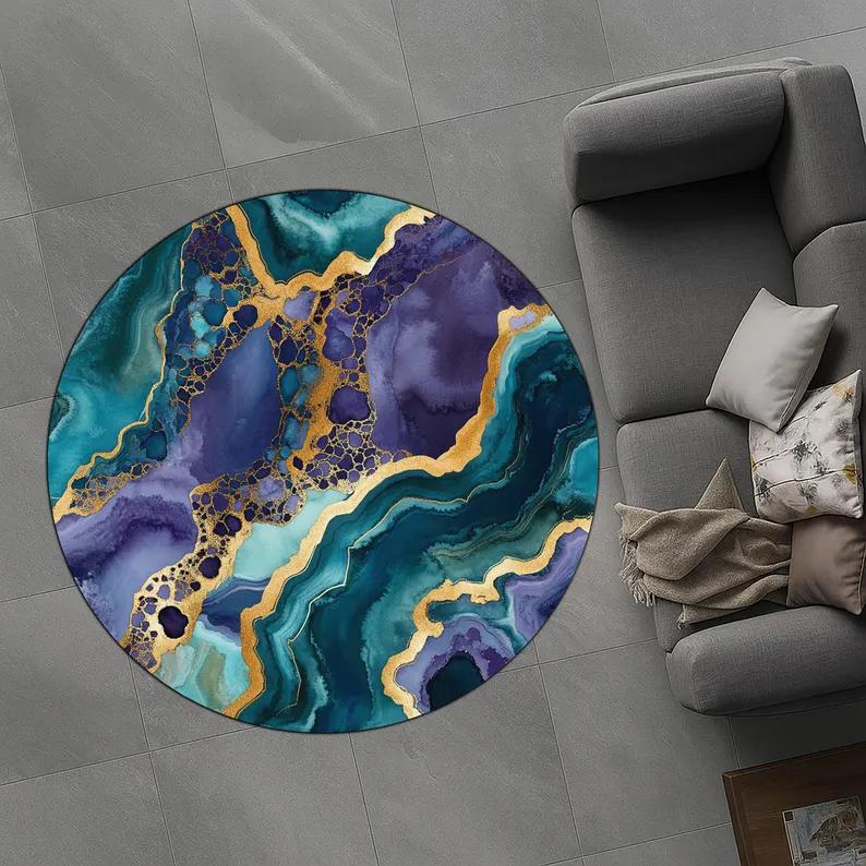 Amethyst Diamond Geode Round Rug Lavender Gold Marble Print Bedroom Living Room Carpet Blue Green Marble Pattern Mat