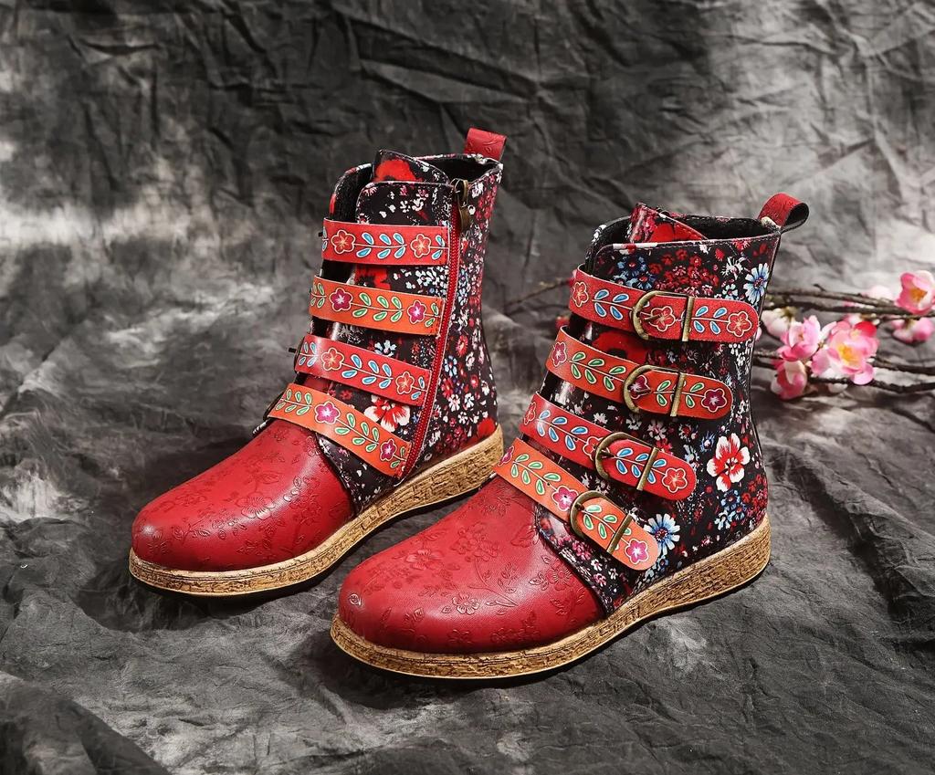 Women Ankle Boots Autumn New Retro Ethnic Style Printed Metal Buckle Soft Leather Zipper Short Boots Shoes Botines Mujer