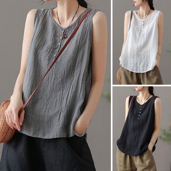 Women Summer Vest Round Neck Sleeveless Buttons Decor Tank Tops Solid Color Loose Fit Thin Camisole Streetwear
