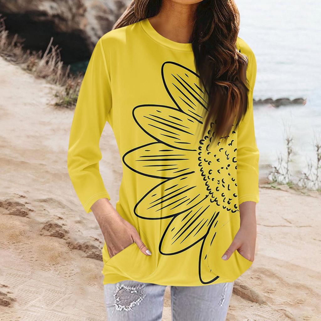 Women's Fashion Casual Round Neck Print 3/4 Sleeve Pocket T-Shirt Top