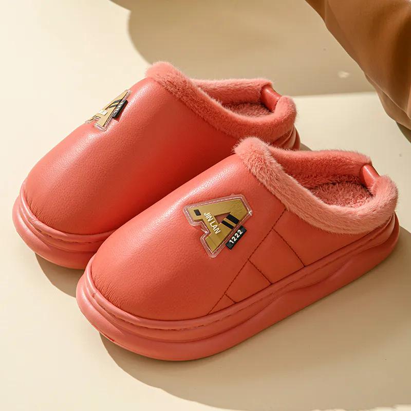 WTEMPO Пара теплых тапочек из искусственной кожи на толстом плоском каблуке, закрытый носок, осенне-зимние хлопковые домашние плюшевые тапочки