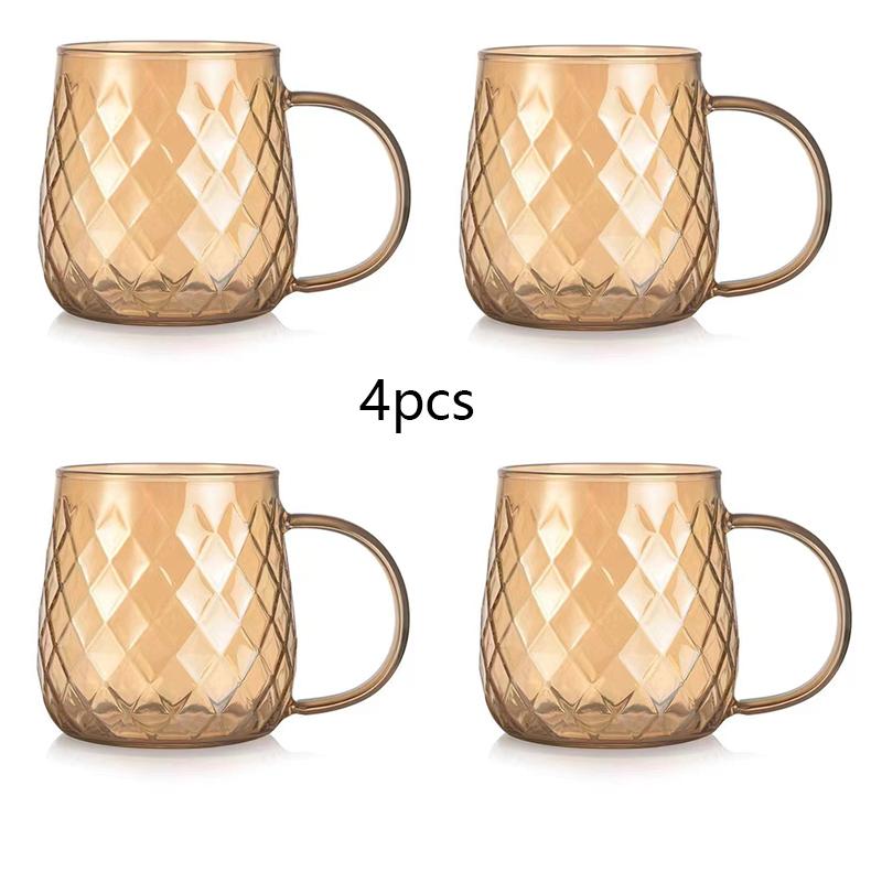 Набор из 2/4 стеклянных чашек с ромбовидной текстурой, золотистая кружка с ручкой, бытовая посуда для фруктов, чая, кофе, молока, набор чашек 380 мл