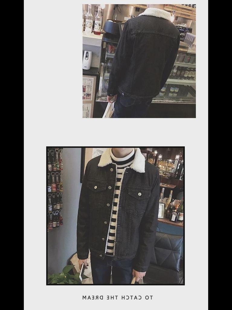 Мужская зимняя куртка из плотного денима в стиле ретро с меховым воротником и подкладкой из овечьей шерсти