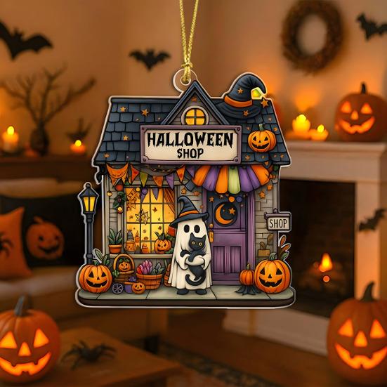 Cute Ghost Reading Book Ornament 2D Acrylic Ghost Pumpkin Window Hanging Decoration for Halloween Home Party Decor