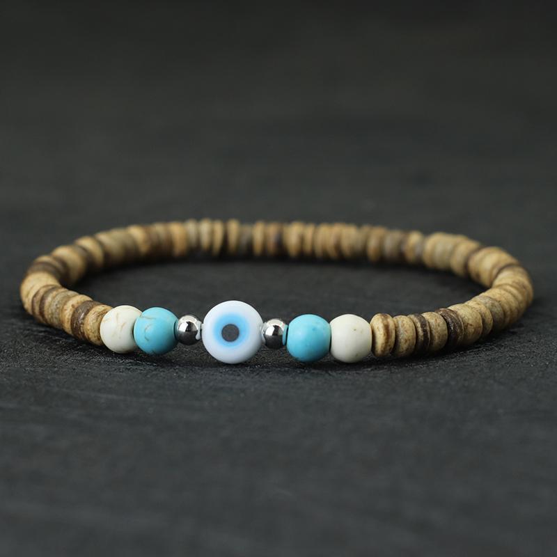 Богемный турецкий браслет «Злые глаза» унисекс, винтажный браслет из натурального дерева, кокосовые бусины, браслет для медитации, аксессуары для отдыха