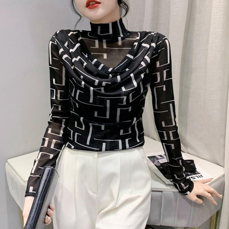 Футболка-борцовка с полуворотником для женщин, нижнее белье, осенняя сетчатая облегающая футболка с длинными рукавами и принтом животных