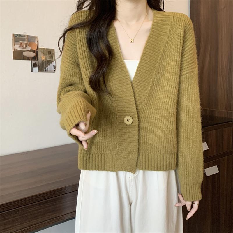 V-neck Fashion Women One Button Cardigan Short Sweater Autumn /Winter Long Sleeve Knitted Jackets Solid Color Elegant Loose Office Basic Casual Coats