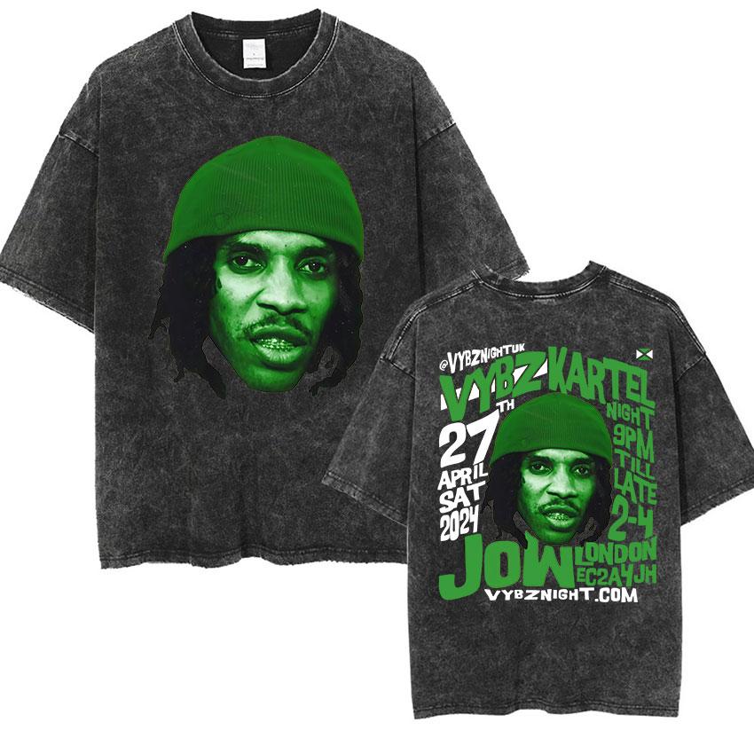 Rapper Vybz Kartel Tour Album T Shirts Mens Fashion High Quality Cotton Tshirt Vintage Washed Short Sleeve Tees Streetwear
