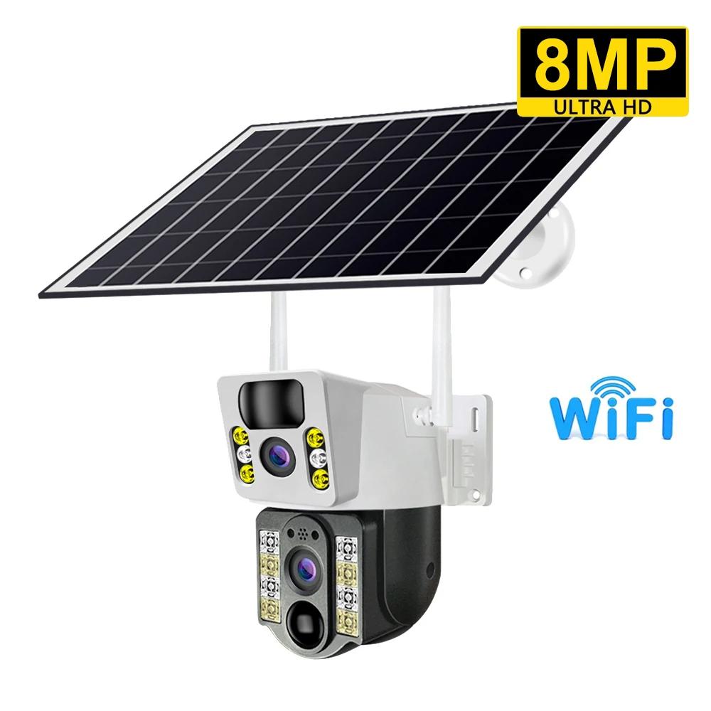 8MP 4K Беспроводная солнечная камера 4G Sim Открытый двойной объектив Wi-Fi IP-камера PIR ночного видения V380 Pro CCTV Монитор безопасности