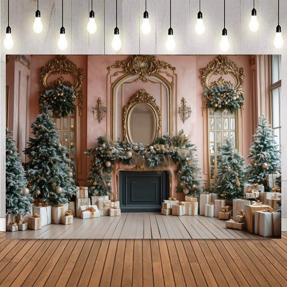 Christmas Pink White Themed Photography Backdrop Fireplace Gifts Socks Wreath Xmas Tree Family Friends Party Photo Background4