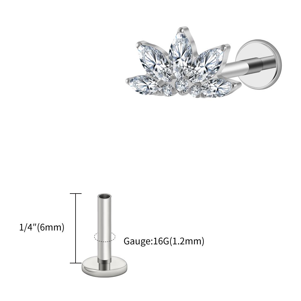 ASTM F136 Titanium 16G Marquise Lotus CZ Flower Flat Back Stud Labret Tragus Helix Cartilage Conch Earring Piercing