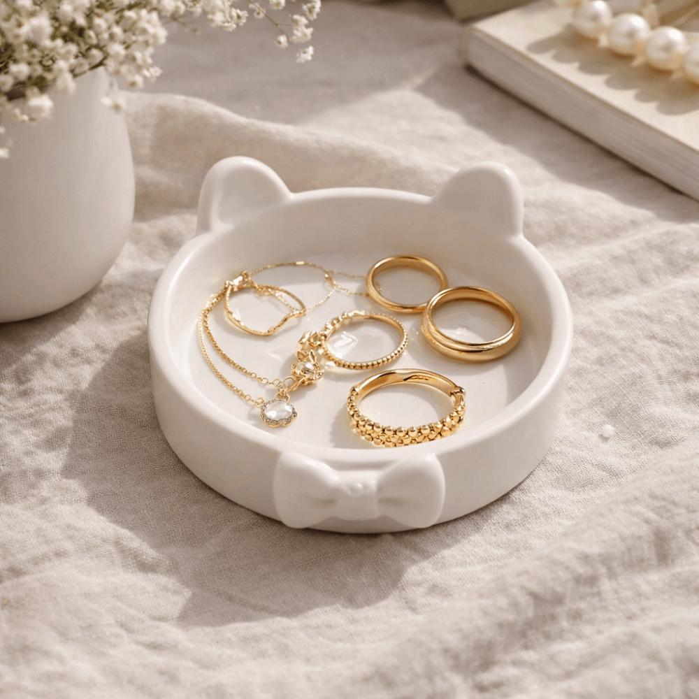 3D Printed Bow Jewelry Plate Cute Non-Slip Jewelry Holder Paw Print-Like Base Ornaments Cat Ear Storage Trays Office Desks