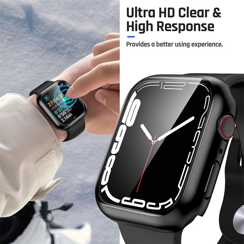 Закаленное стекло+чехол для аксессуаров Apple Watch 45 мм 41 мм 44 мм 40 мм 42 мм Защитная пленка для экрана serie 9 4 5 6 SE 7 8 Чехол для Apple watch