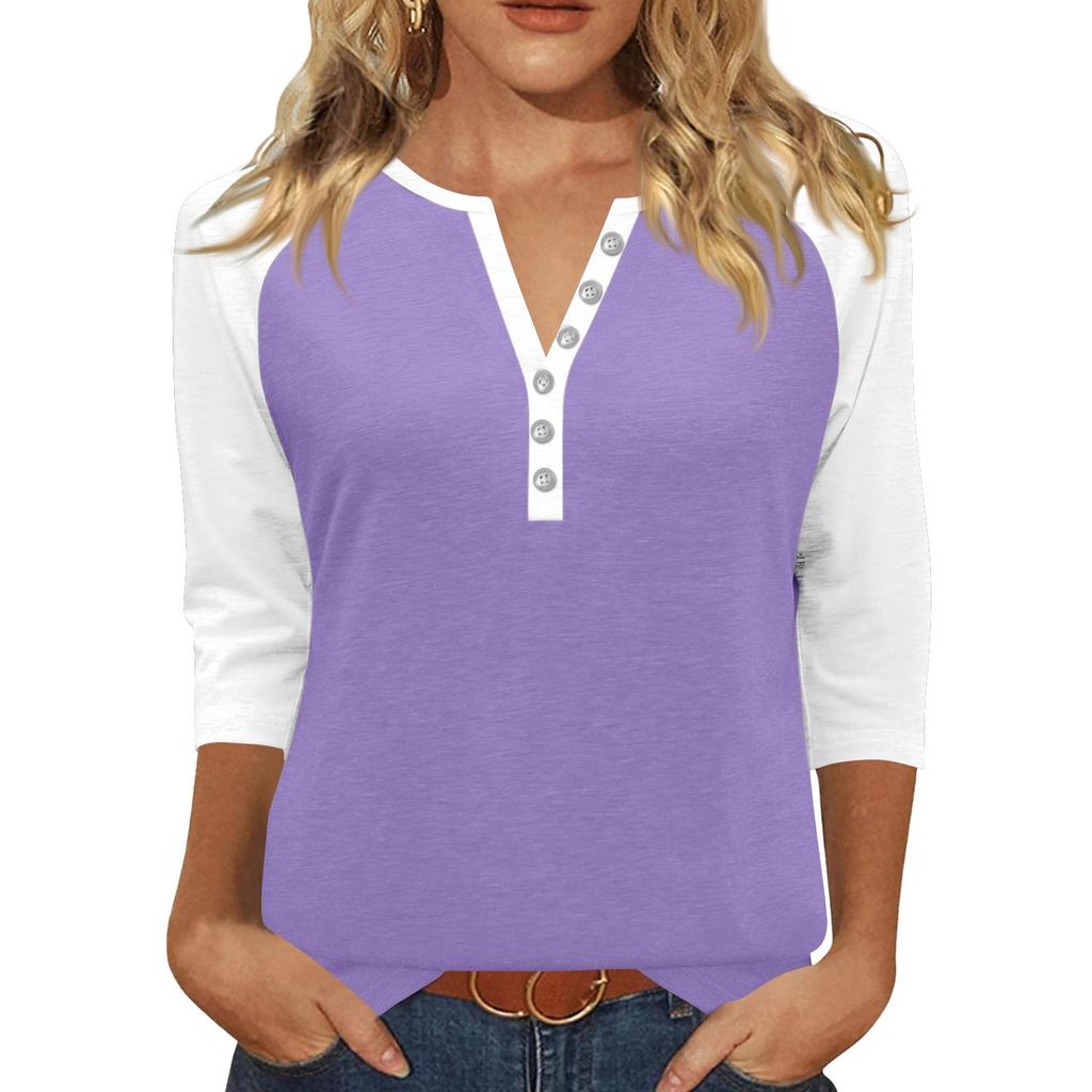Жен. Футболка С принтом Пуговицы Рукав 3/4 Повседневные Выходные Мода Классический Классический V-образный вырез Обычный Верх