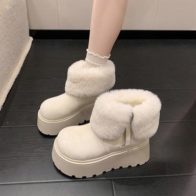 Модная зимняя мода Толстая подошва Женские меховые зимние ботинки Лаконичная обувь с увеличением роста Дамские уличные Сохраняющие тепло Хлопковые короткие ботильоны