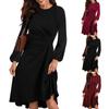 Women's Fashion Round Neck Pullover Long Sleeve Slim Split Irregular Dresses