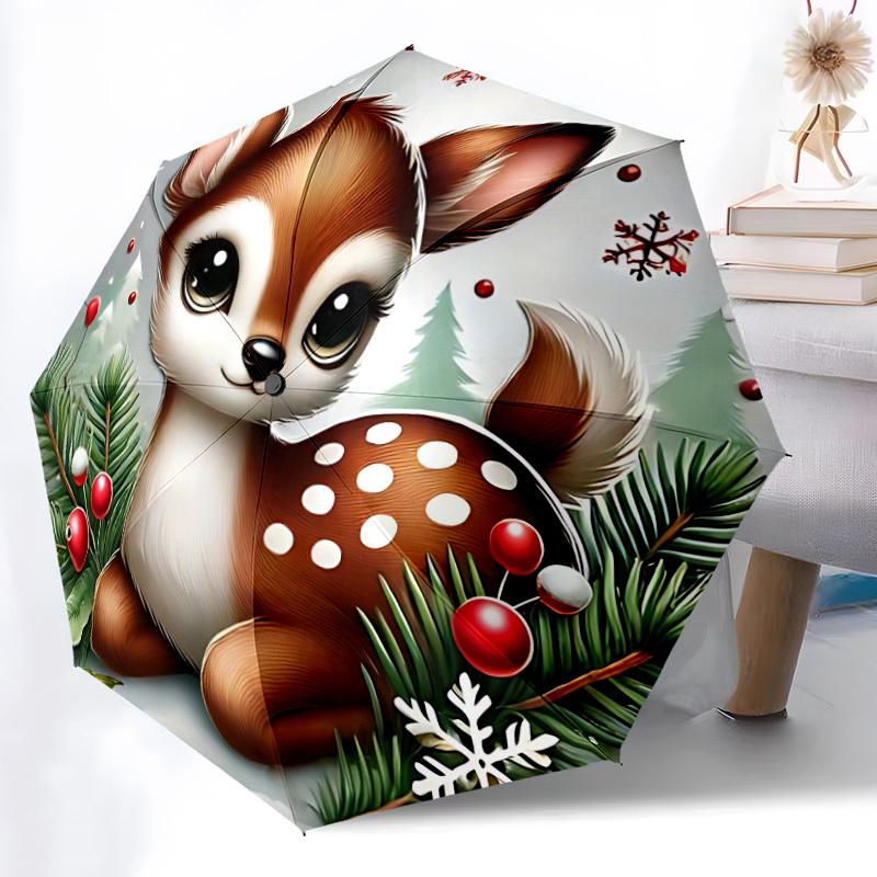 1pc Winter Deer Automatic Folding Umbrella   Compact 8 Rib Design, Durable Iron Frame for Travel, Outdoor,  a0920084
