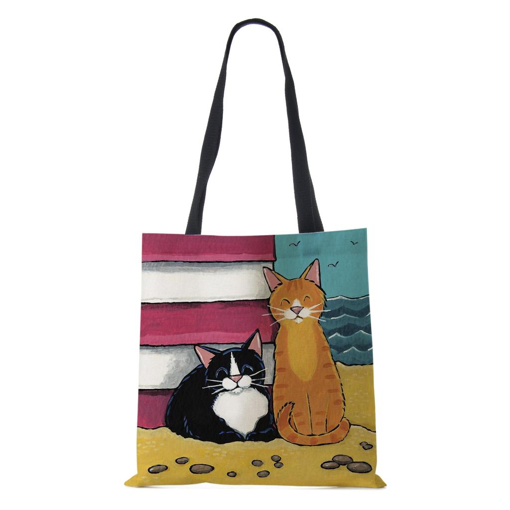 Женская сумка-тоут из льна с принтом кошки, повседневная, для путешествий, пляжная, подарочная сумка KTB