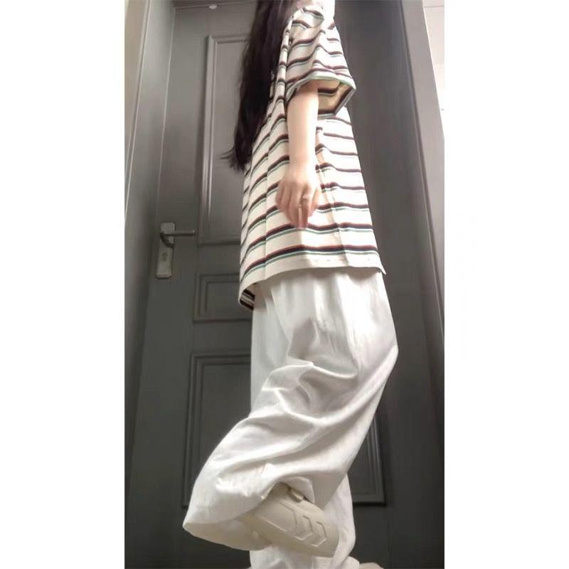 Женская американская ретро полосатая футболка оверсайз - Летний студенческий стиль, Повседневный большой размер, Свободный топ с коротким рукавом