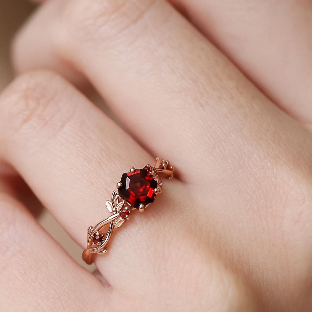 Hexagon Red Garnet CZ Ring, Rose Gold Plated Silver, Leaf Design Vintage Garnet Inspired Engagement Ring for Women