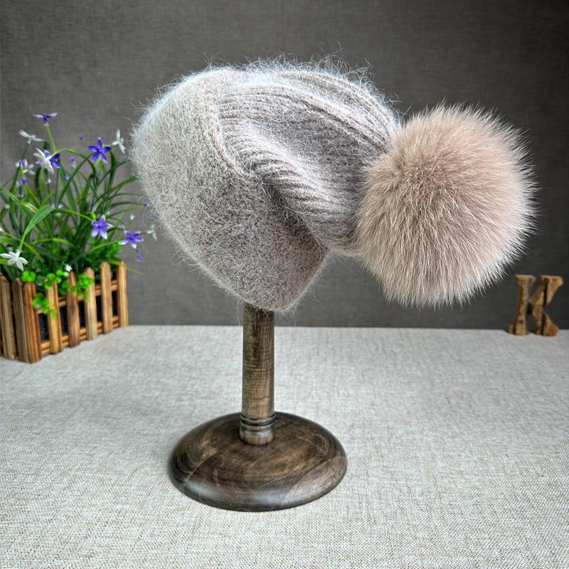 Korean Version Fox Fur Ball Knitted Hat Versatile Ear Protection Thickened Angora Rabbit Fur Flanked Plush Woolen Hat Trendy