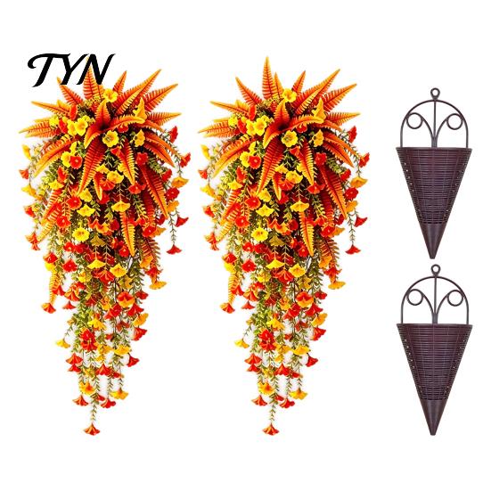 Outdoor Simulation Plants Artificial Morning Glory Flower, Faux Fall Hanging Flowers Plants, UV Weather Resistant Porch for Wall Home Room Garden