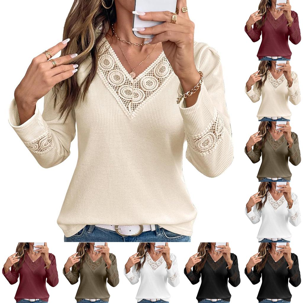 Women's Casual V-Neck Hollow Solid Color Long Sleeve Top