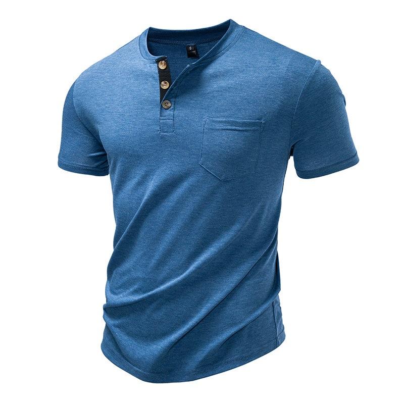 Men's Summer Solid Color Pocket T-Shirts Button Henry Collar Casual Daily Office Short Sleeve Top Tees Hip Hop Streetwear Tee