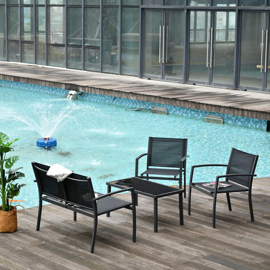 Outdoor Lounge Set. 4-Piece with 1 Coffee Table, 2 Garden Chairs, and 1 Metal Bench. Black