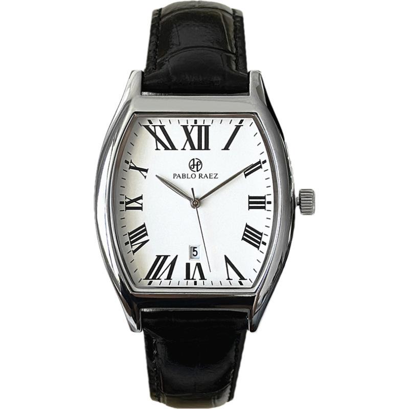 Pablo Raez Barrel Watch: Waterproof Leather Strap, Calendar, Casual Men's Style.