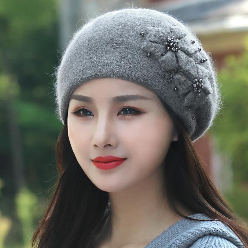 Autumn Winter Hats Korean Fashion Knit Thick Warm Rabbit Hair Hat Women's Knitted Hat Pearl Beret Caps