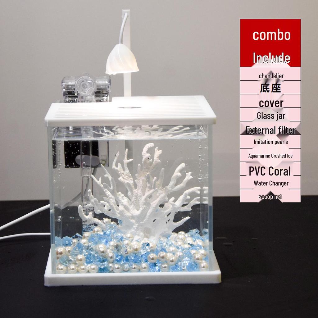 Mini Ultra-White Glass Fish Tank with Rose Light - Transparent Betta Tropical Fish Eco-Tank