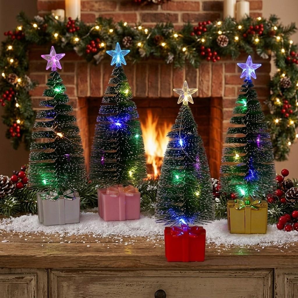 Mini Light Up Tabletop Christmas Tree Set with Snow Flocked Pine Gift Box Base Warm White Color Changing LED Small Holiday Decoration for Home Off