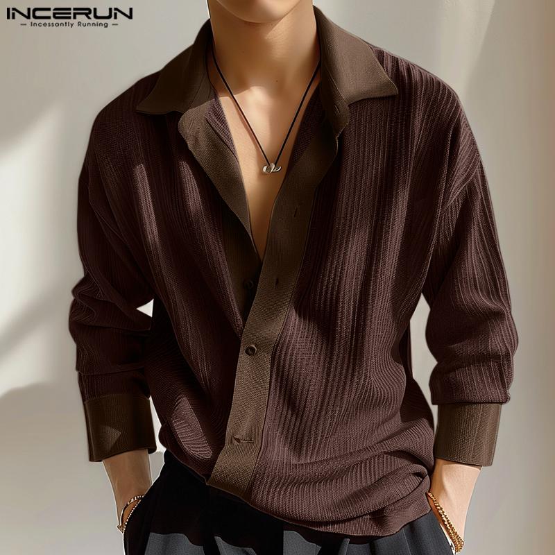 INCERUN Men Spring Lapel Neck Oblique Placket Knitted Loose Tops Casual Shirts