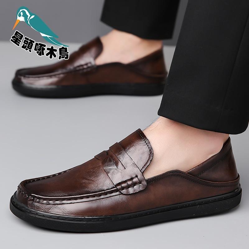 Doudou Shoes Men's 2025 Spring New High-quality Soft Leather Shoes Men's Casual Shoes One Foot Leather Shoes