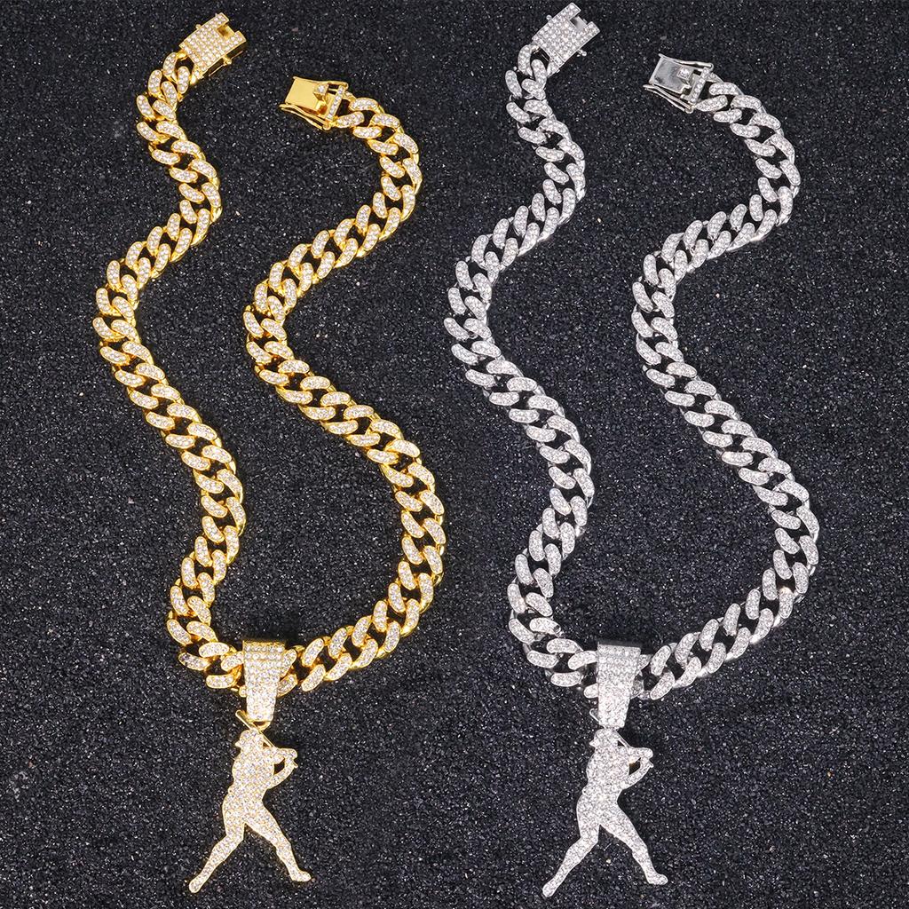 European American Trendy Men Baseball Player Inlaid Diamond Pendant Hip Hop Rap Cuban Chain Alloy Fashion Jewelry