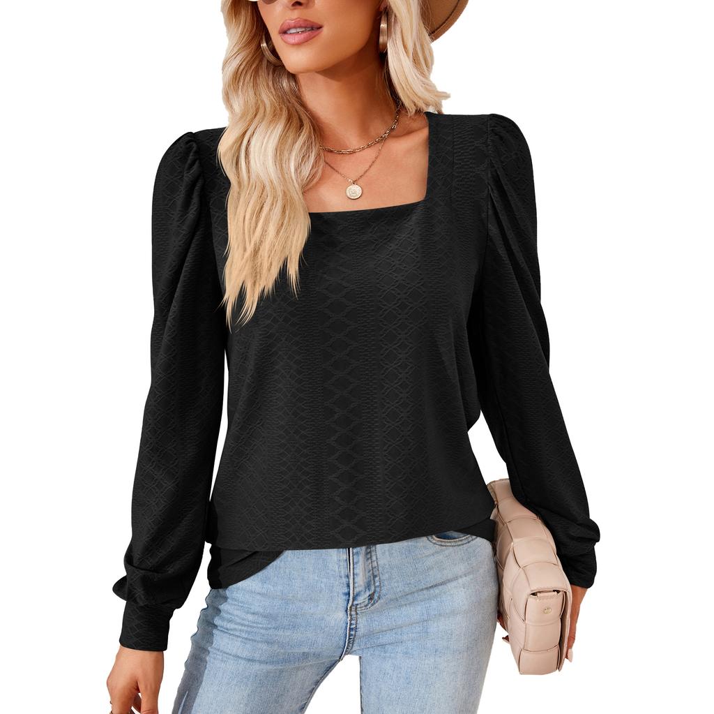 Весенне-осенняя женская блузка с квадратным вырезом, однотонный плиссированный свободный топ с длинными рукавами