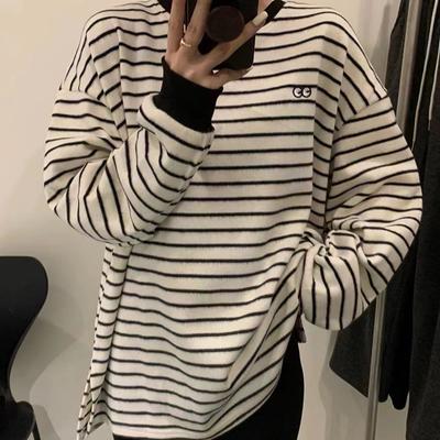 Полосатая рубашка из бархата для женщин на осень и зиму, новый свободный топ из меха средней длины