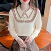 Autumn and Winter Chic Lace Polo Collar Knitted Shirt Women Fashion Outerwear Long Sleeve Blouse for Women Elegant Loose Vintage Lady Shirts Top 24740