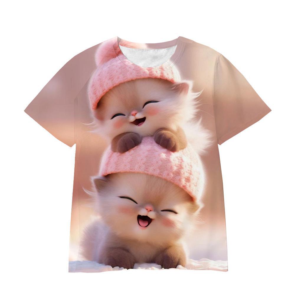 Summer Round Neck 3D Cartoon Furry Animal Print Top Fashionable Casual Short Sleeved Children's Boy and Girl Universal T-shirts