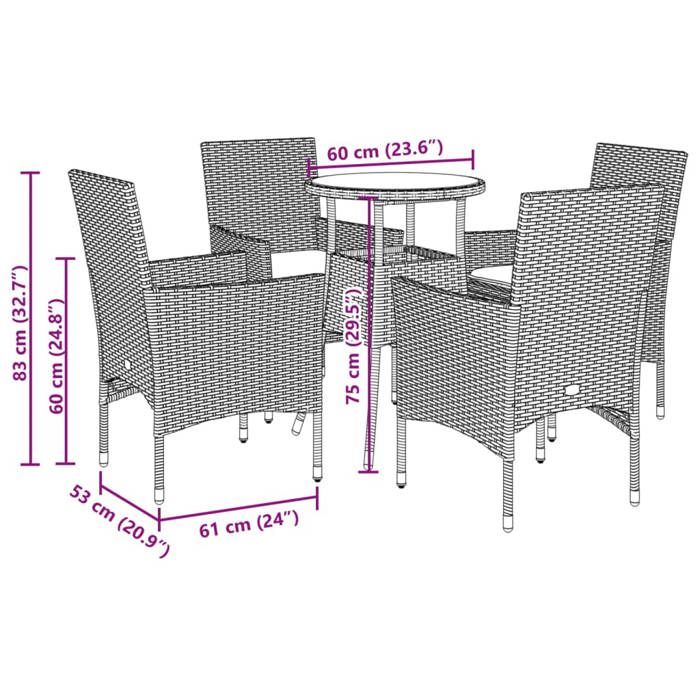 VidaXL Ensemble à manger de jardin et coussins 5 pcs noir rotin verre, ensemble de salle à manger d'extérieur, meuble de 3278616