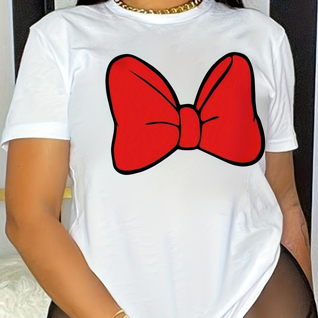 Женская красная футболка с бантом и круглым вырезом, летние футболки с короткими рукавами