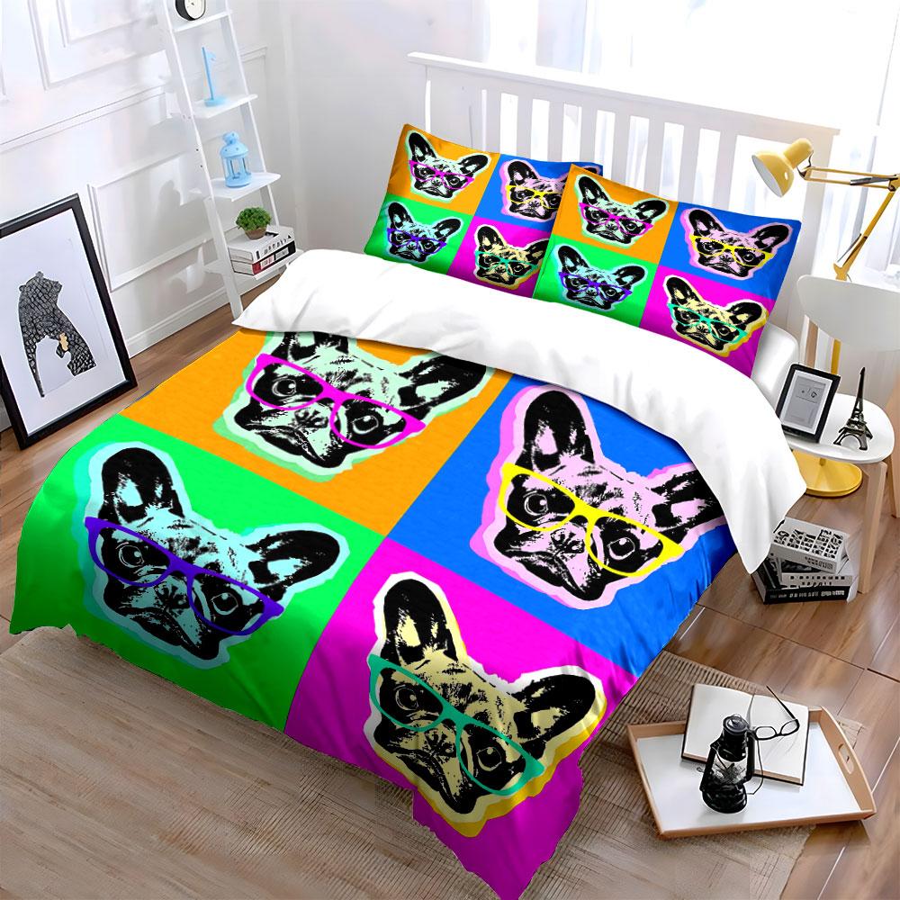Colorful French Bulldog Print Bedding Duvet Cover Set Duvet Cover Pillowcases (1*Duvet Cover 2*Pillowcases, without duvet insert)
