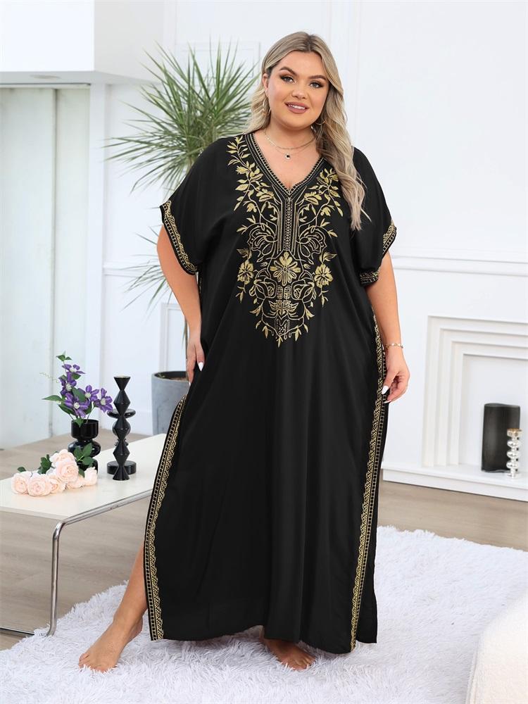 EDOLYNSA 2024 Gold Thread Embroidered Plus Size Casual Vacation Beach Dress Summer Swimsuit Coverup For Women V Neck Bat Sleeve Black Kaftan