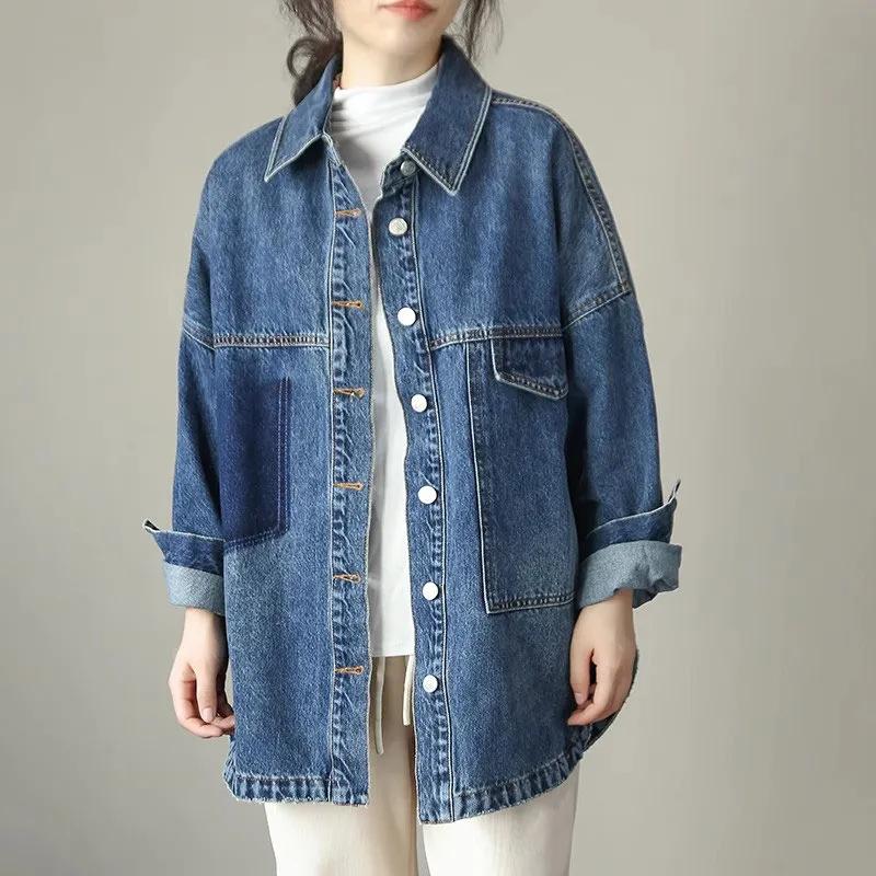 Весенне-осенняя мода Блузка с длинными рукавами Женская джинсовая рубашка Женская свободная куртка Женская