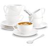 Espresso Cups with Saucers and Spoons, 6 Oz White Tea Cup Set, Porcelain Coffee Cup and Saucer Set with Stainless Steel Spoon