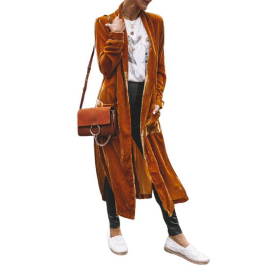 Женский кардиган, пальто с лацканами, длинный рукав, открытая передняя часть, золотистая бархатная ткань, куртка, однотонная, средней длины, верхняя одежда