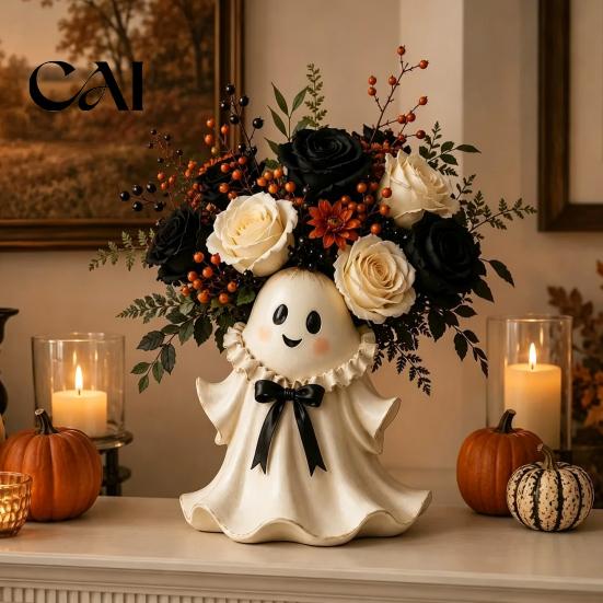 Healing Halloween Decorations Resin Ghost Figurine with Wicker Basket, Cute Tabletop Creative Seasonal Home Decor Decor, Holiday Ornament Organizer